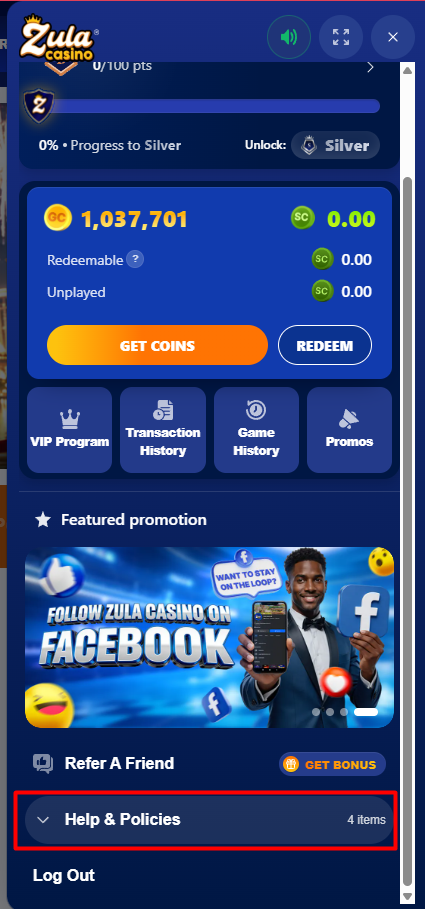 Menu with Help and Policies highlighted