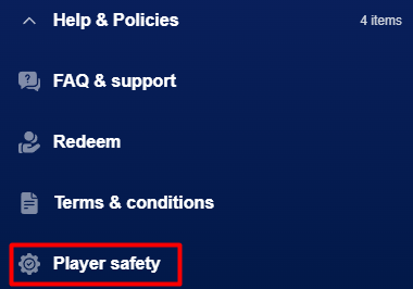 Help and Policies submenu with Player Safety highlighted